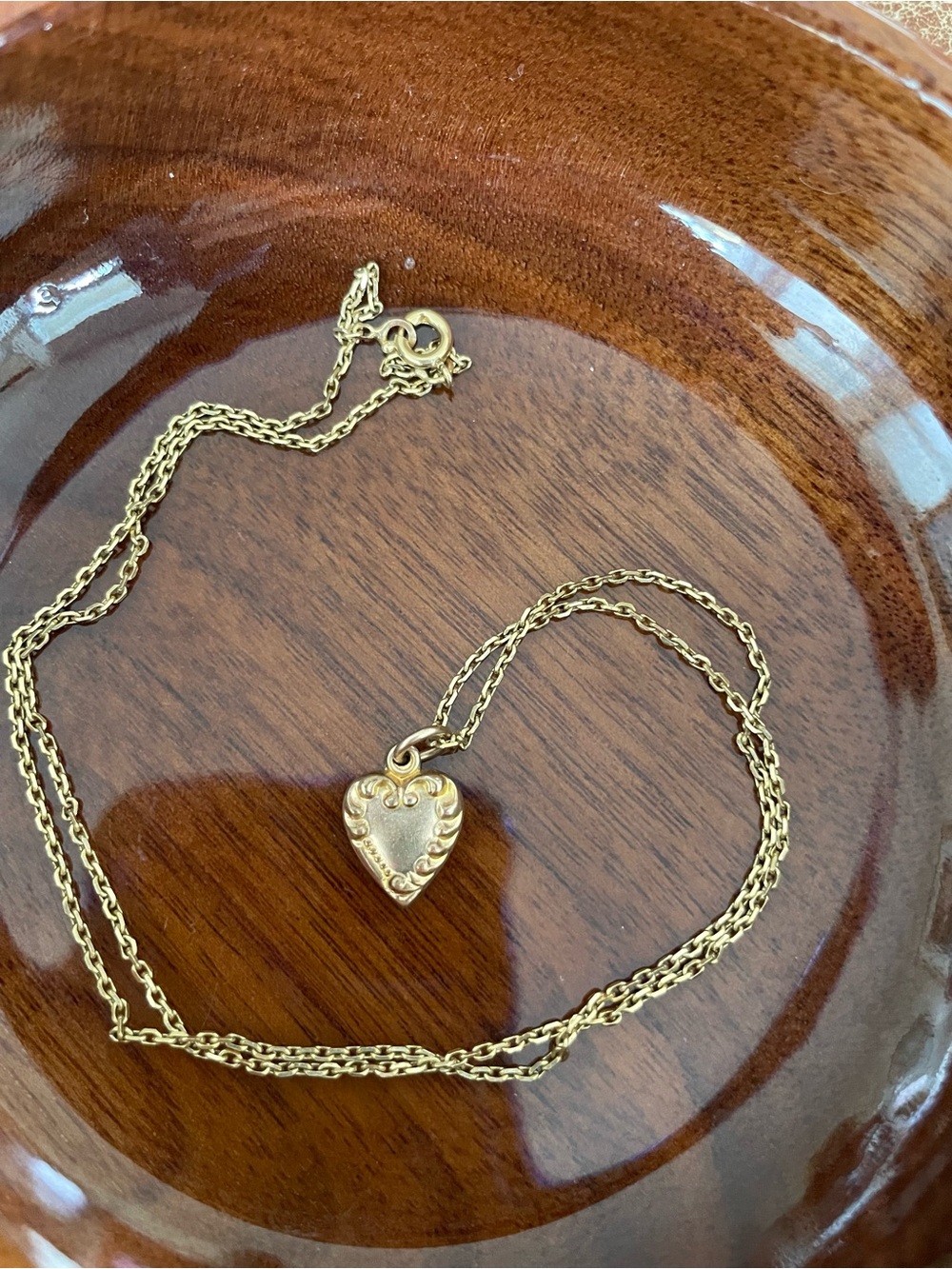 Antique Repousse 2 sided Gold Plated Heart Pendant w Gold Plated Chain Necklace